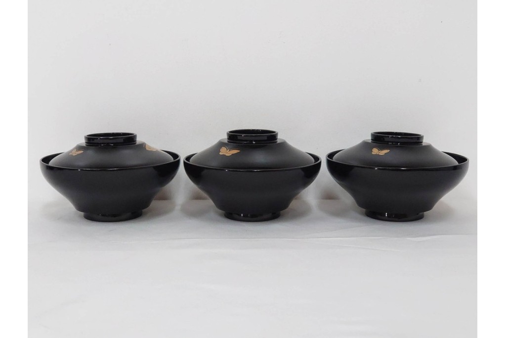 大正期　木製　漆器　艶やかな黒漆塗に菊蝶蒔絵を施した吸物椀10点セット　外箱付き　(R-090259)
