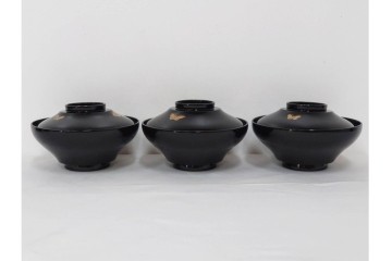 大正期　木製　漆器　艶やかな黒漆塗に菊蝶蒔絵を施した吸物椀10点セット　外箱付き　(R-090259)