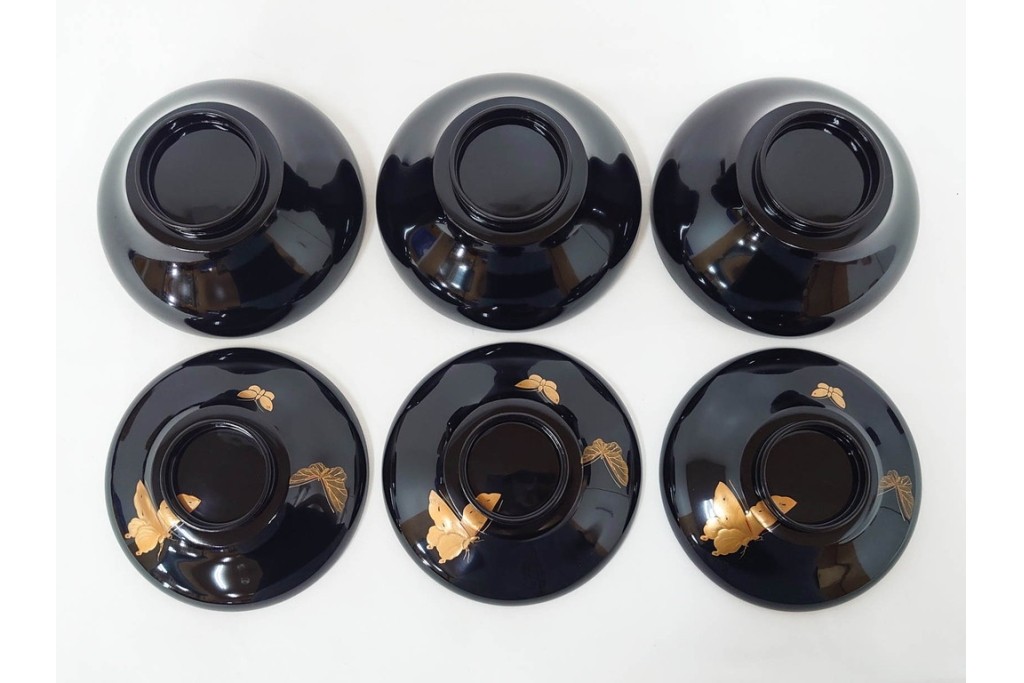 大正期　木製　漆器　艶やかな黒漆塗に菊蝶蒔絵を施した吸物椀10点セット　外箱付き　(R-090259)