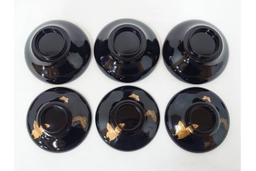 大正期　木製　漆器　艶やかな黒漆塗に菊蝶蒔絵を施した吸物椀10点セット　外箱付き　(R-090259)