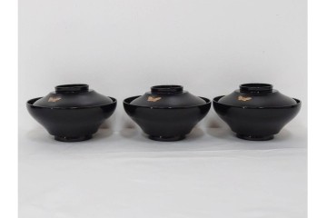大正期　木製　漆器　艶やかな黒漆塗に菊蝶蒔絵を施した吸物椀10点セット　外箱付き　(R-090259)