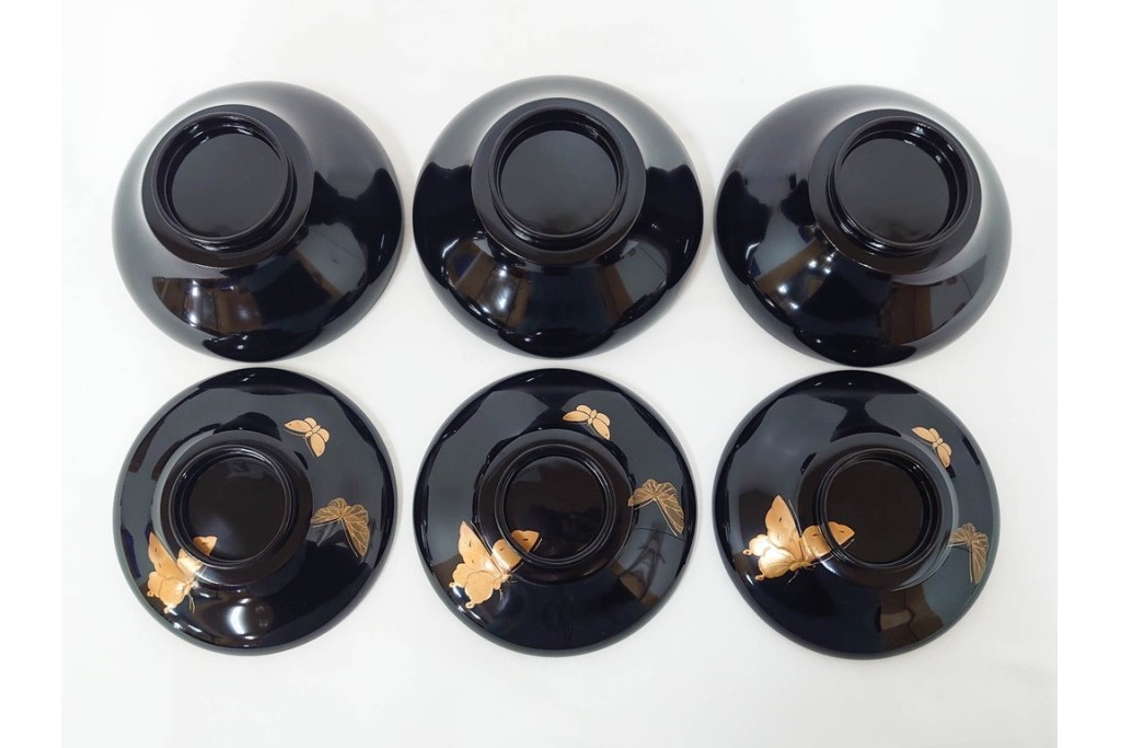 大正期　木製　漆器　艶やかな黒漆塗に菊蝶蒔絵を施した吸物椀10点セット　外箱付き　(R-090259)