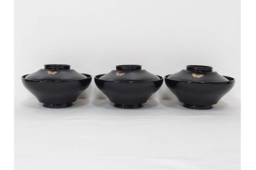 大正期　木製　漆器　艶やかな黒漆塗に菊蝶蒔絵を施した吸物椀10点セット　外箱付き　(R-090259)