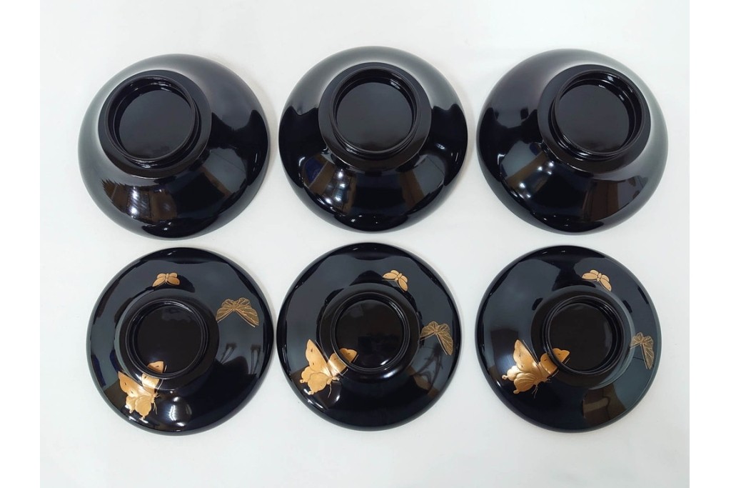 大正期　木製　漆器　艶やかな黒漆塗に菊蝶蒔絵を施した吸物椀10点セット　外箱付き　(R-090259)