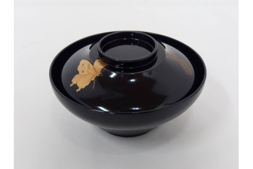 大正期　木製　漆器　艶やかな黒漆塗に菊蝶蒔絵を施した吸物椀10点セット　外箱付き　(R-090260)