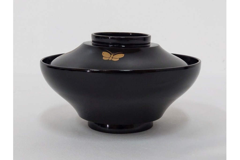大正期　木製　漆器　艶やかな黒漆塗に菊蝶蒔絵を施した吸物椀10点セット　外箱付き　(R-090260)