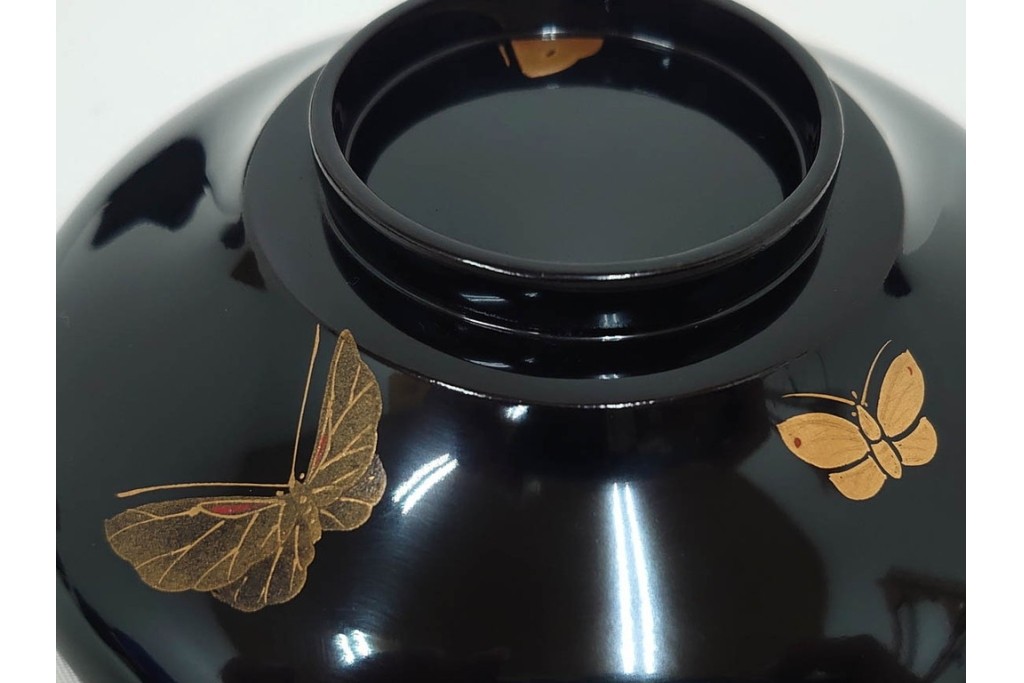 大正期　木製　漆器　艶やかな黒漆塗に菊蝶蒔絵を施した吸物椀10点セット　外箱付き　(R-090260)