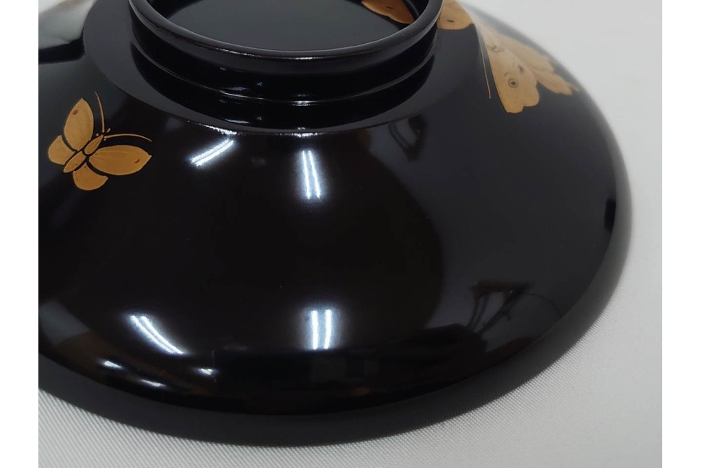大正期　木製　漆器　艶やかな黒漆塗に菊蝶蒔絵を施した吸物椀10点セット　外箱付き　(R-090260)