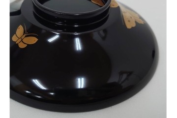 大正期　木製　漆器　艶やかな黒漆塗に菊蝶蒔絵を施した吸物椀10点セット　外箱付き　(R-090260)