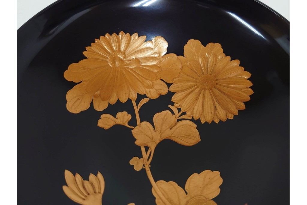 大正期　木製　漆器　艶やかな黒漆塗に菊蝶蒔絵を施した吸物椀10点セット　外箱付き　(R-090260)