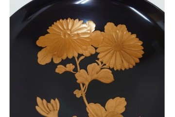 大正期　木製　漆器　艶やかな黒漆塗に菊蝶蒔絵を施した吸物椀10点セット　外箱付き　(R-090260)