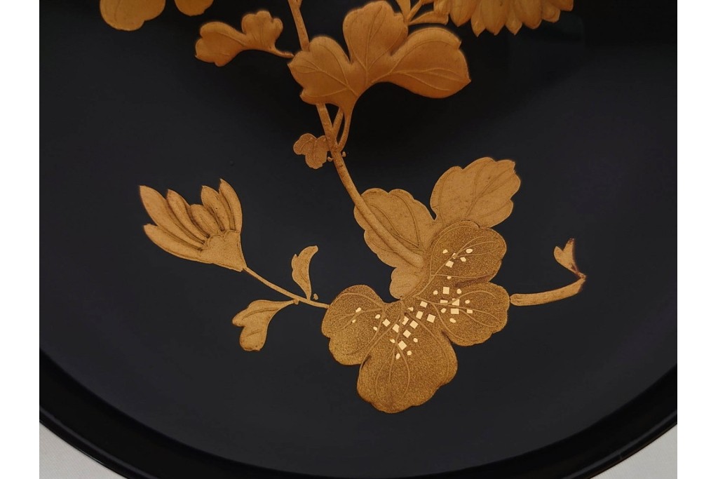大正期　木製　漆器　艶やかな黒漆塗に菊蝶蒔絵を施した吸物椀10点セット　外箱付き　(R-090260)