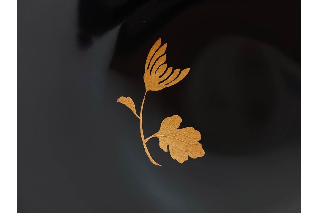 大正期　木製　漆器　艶やかな黒漆塗に菊蝶蒔絵を施した吸物椀10点セット　外箱付き　(R-090260)