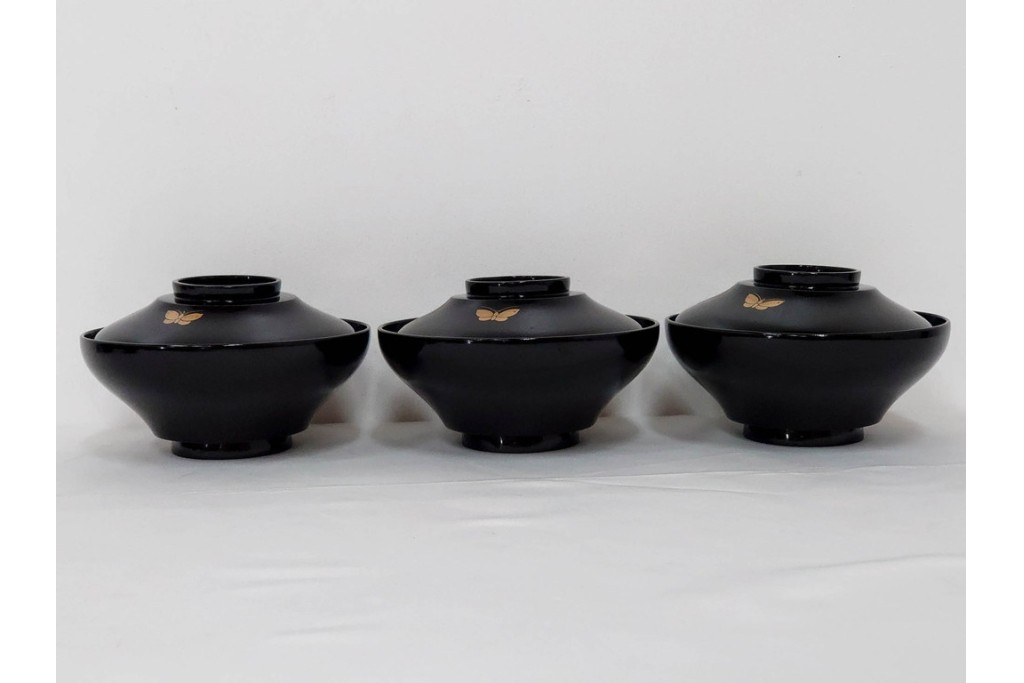 大正期　木製　漆器　艶やかな黒漆塗に菊蝶蒔絵を施した吸物椀10点セット　外箱付き　(R-090260)