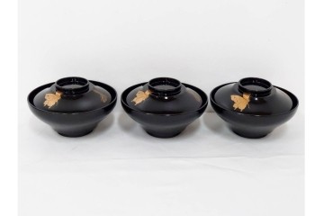 大正期　木製　漆器　艶やかな黒漆塗に菊蝶蒔絵を施した吸物椀10点セット　外箱付き　(R-090260)