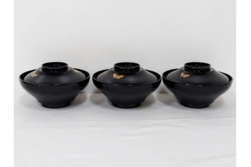 大正期　木製　漆器　艶やかな黒漆塗に菊蝶蒔絵を施した吸物椀10点セット　外箱付き　(R-090260)