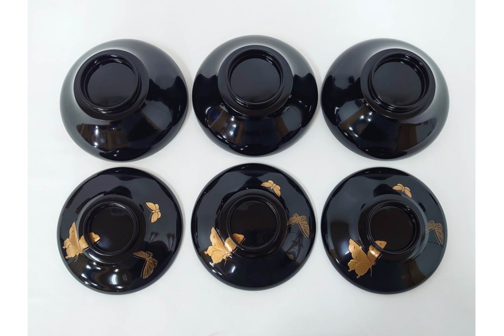 大正期　木製　漆器　艶やかな黒漆塗に菊蝶蒔絵を施した吸物椀10点セット　外箱付き　(R-090260)