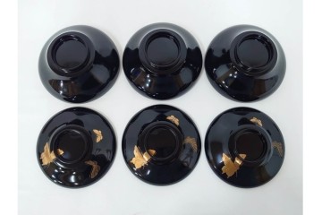 大正期　木製　漆器　艶やかな黒漆塗に菊蝶蒔絵を施した吸物椀10点セット　外箱付き　(R-090260)
