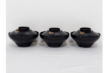 大正期　木製　漆器　艶やかな黒漆塗に菊蝶蒔絵を施した吸物椀10点セット　外箱付き　(R-090260)