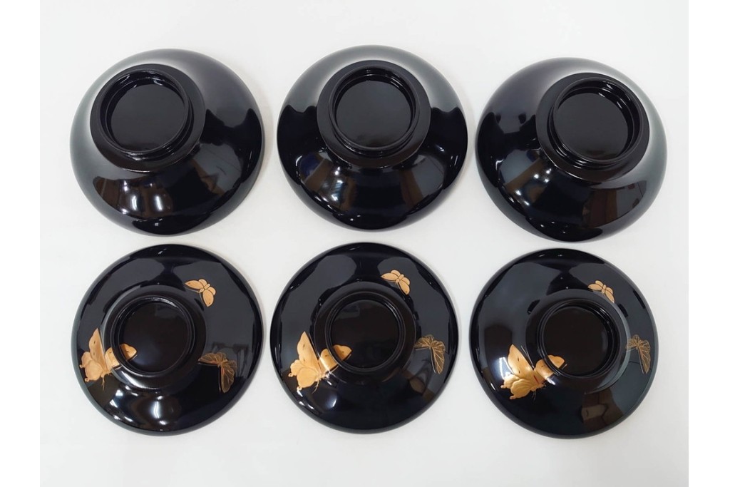 大正期　木製　漆器　艶やかな黒漆塗に菊蝶蒔絵を施した吸物椀10点セット　外箱付き　(R-090260)