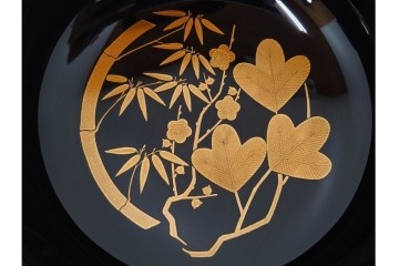輪島塗　稲忠漆芸堂謹製　田崎昭一郎　気品漂う扇面松竹梅蒔絵の吸物椀5点セット　共箱付き　(R-090261)