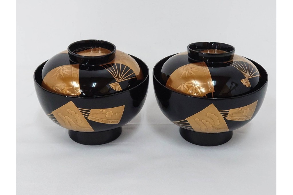 輪島塗　稲忠漆芸堂謹製　田崎昭一郎　気品漂う扇面松竹梅蒔絵の吸物椀5点セット　共箱付き　(R-090261)
