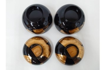 輪島塗　稲忠漆芸堂謹製　田崎昭一郎　気品漂う扇面松竹梅蒔絵の吸物椀5点セット　共箱付き　(R-090261)