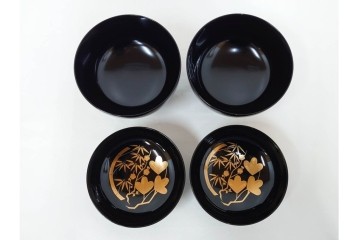 輪島塗　稲忠漆芸堂謹製　田崎昭一郎　気品漂う扇面松竹梅蒔絵の吸物椀5点セット　共箱付き　(R-090261)