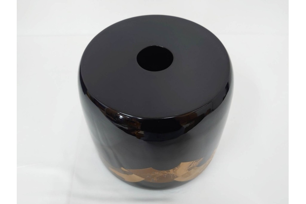 木製　漆器　扇面草花　蒔絵や螺鈿が施された上品な火鉢　外箱付き　(R-090264)