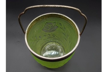 昭和初期　当時物　ウランガラス　薔薇文が印象的なアイスペール　トング付き　(R-090270)