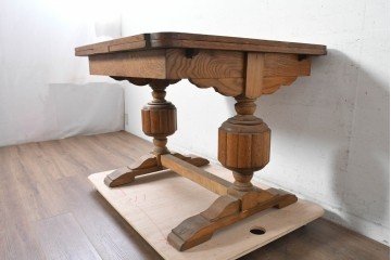 イギリスアンティーク　1930年頃　オーク材　存在感のあるバルボスレッグのドローリーフテーブル　(R-090302)
