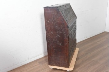 中古　美品　軽井沢彫り　繊細な桜の彫刻が美しいライティングビューロー　(R-090315)