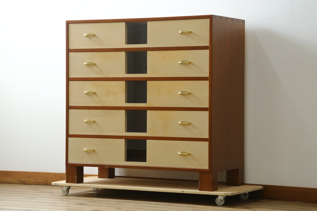 中古　伝統工芸品　加茂桐箪笥　箪笥の松本　モダンデザインの総桐チェスト　(R-090335)