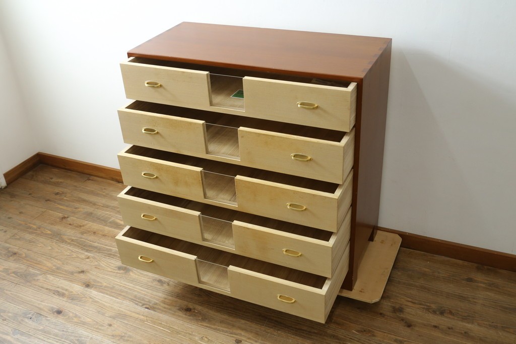 中古　伝統工芸品　加茂桐箪笥　箪笥の松本　モダンデザインの総桐チェスト　(R-090335)