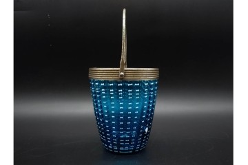 珍品!　昭和初期　当時物　爽やかな青色のガラス製アイスペール　トング付き　(R-090398)