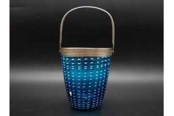 珍品!　昭和初期　当時物　爽やかな青色のガラス製アイスペール　トング付き　(R-090398)