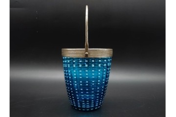珍品!　昭和初期　当時物　爽やかな青色のガラス製アイスペール　トング付き　(R-090398)