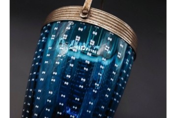 珍品!　昭和初期　当時物　爽やかな青色のガラス製アイスペール　トング付き　(R-090398)
