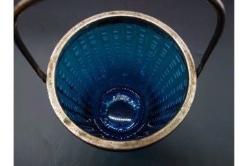 珍品!　昭和初期　当時物　爽やかな青色のガラス製アイスペール　トング付き　(R-090398)