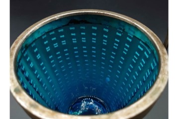 珍品!　昭和初期　当時物　爽やかな青色のガラス製アイスペール　トング付き　(R-090398)