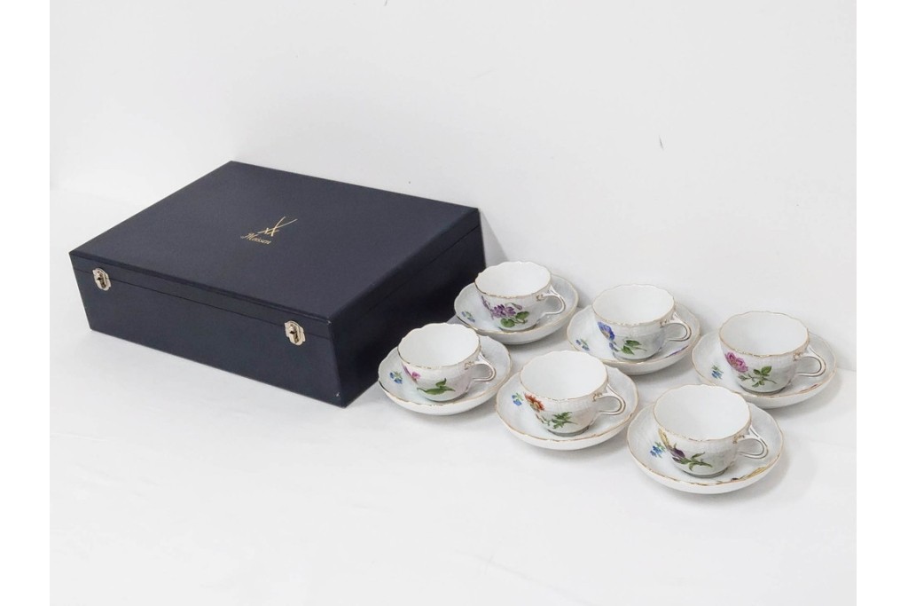ドイツ製　Meissen(マイセン)　ベーシックフラワー　一つ花デザイン　繊細な花絵が美しいカップ&ソーサー6客セット　外箱付き　(R-090399)