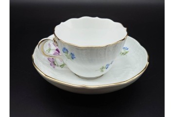 ドイツ製　Meissen(マイセン)　ベーシックフラワー　一つ花デザイン　繊細な花絵が美しいカップ&ソーサー6客セット　外箱付き　(R-090399)
