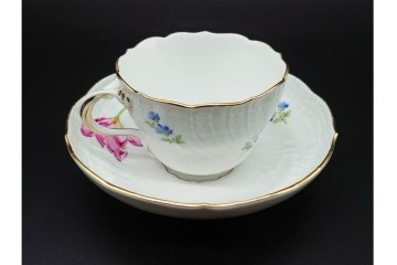 ドイツ製　Meissen(マイセン)　ベーシックフラワー　一つ花デザイン　繊細な花絵が美しいカップ&ソーサー6客セット　外箱付き　(R-090399)