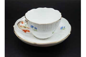 ドイツ製　Meissen(マイセン)　ベーシックフラワー　一つ花デザイン　繊細な花絵が美しいカップ&ソーサー6客セット　外箱付き　(R-090399)