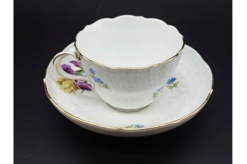 ドイツ製　Meissen(マイセン)　ベーシックフラワー　一つ花デザイン　繊細な花絵が美しいカップ&ソーサー6客セット　外箱付き　(R-090399)