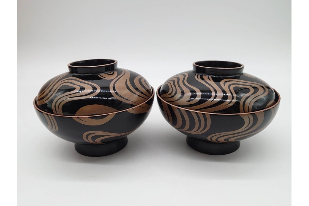 輪島塗　金井日華堂造(金井武助)　木製　漆器　優美な流水蒔絵吸物椀5点セット　共箱付き　(R-090401)