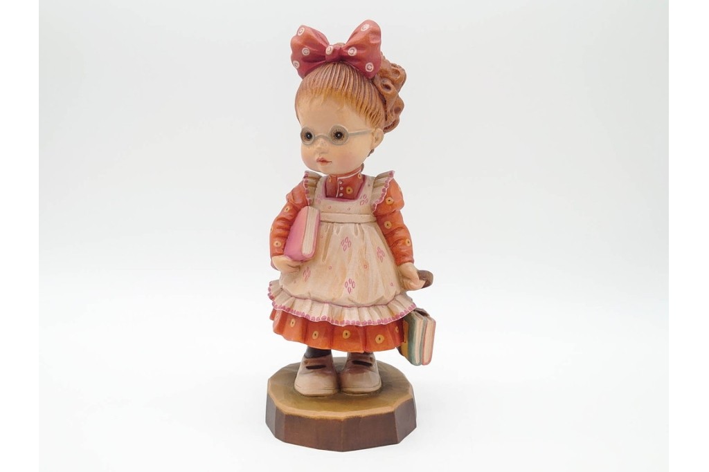 イタリア　ANRI(アンリ)　Sarah Kay(サラ・ケイ)　高さ約26cm 「Take Me Along」 (78/400)・高さ約25cm 「Off to School」 (248/750)　愛らしい木彫り人形2点セット　(R-090405)