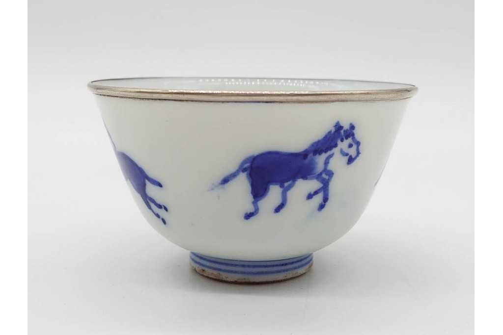 唐物　成化年製　南京染付　馬図が目を引く煎茶碗5点セット　外箱付き　(R-090407)
