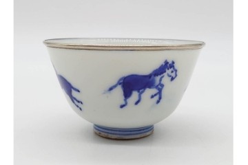 唐物　成化年製　南京染付　馬図が目を引く煎茶碗5点セット　外箱付き　(R-090407)