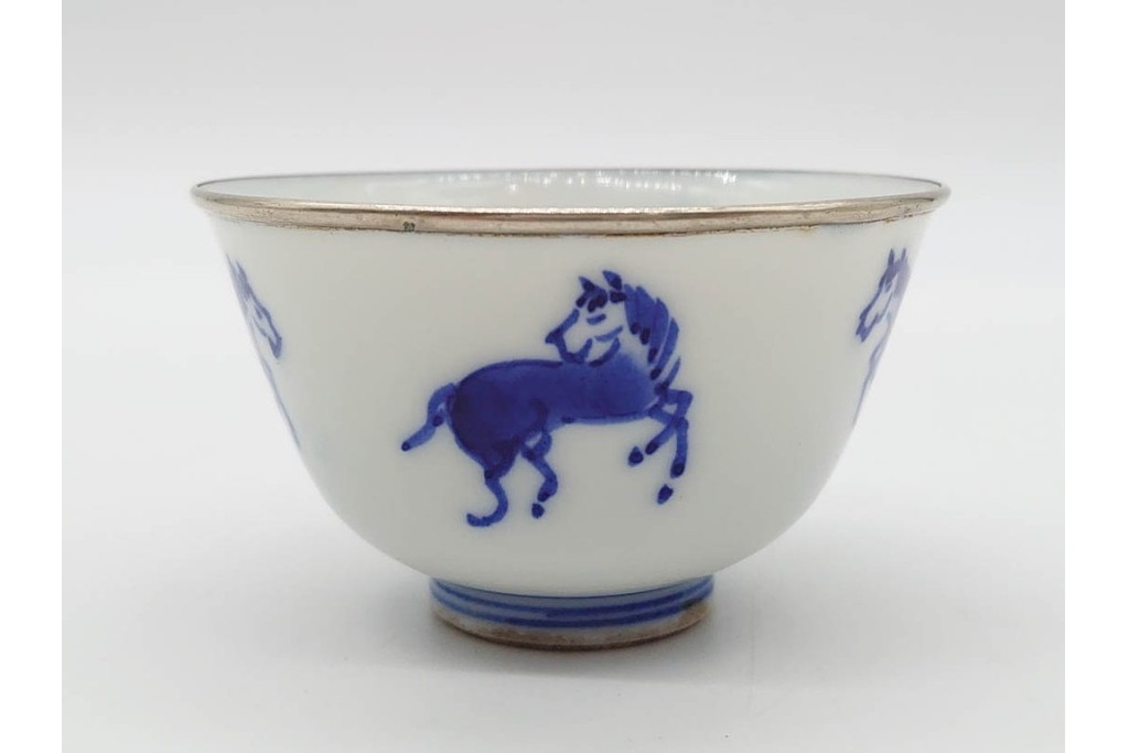 唐物　成化年製　南京染付　馬図が目を引く煎茶碗5点セット　外箱付き　(R-090407)